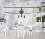 Tapet Personalizat Micii Exploratori cu avion si baloane cu aer cald in alb negru - GRAYSCALE PLANE