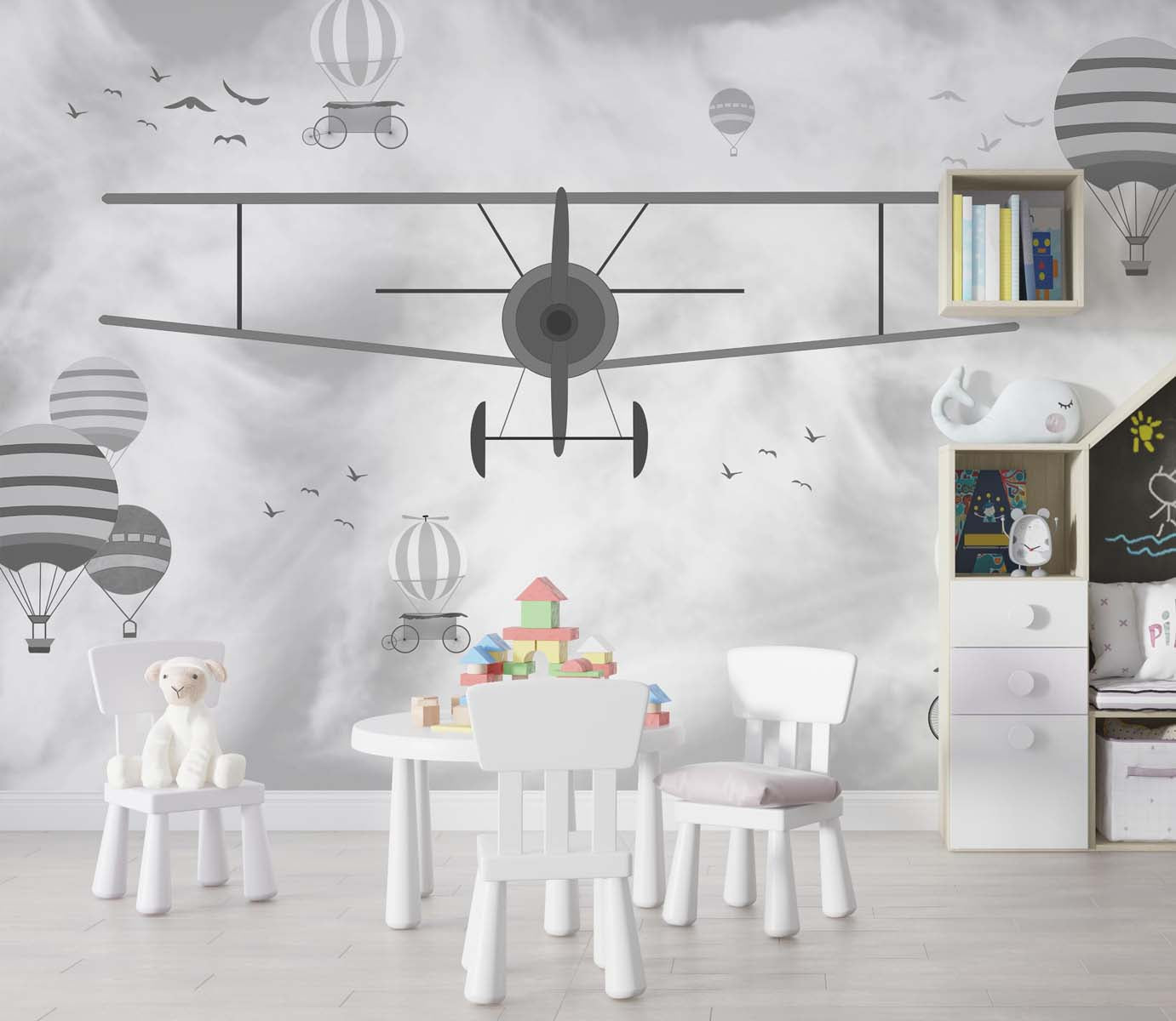 Tapet Personalizat Micii Exploratori cu avion si baloane cu aer cald in alb negru - GRAYSCALE PLANE