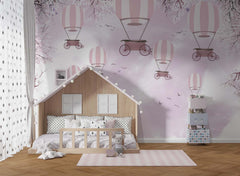Tapet Personalizat Micii Exploratori cu baloane cu aer cald si pasari pe cerul roz - PINK SPRING BALLOONS