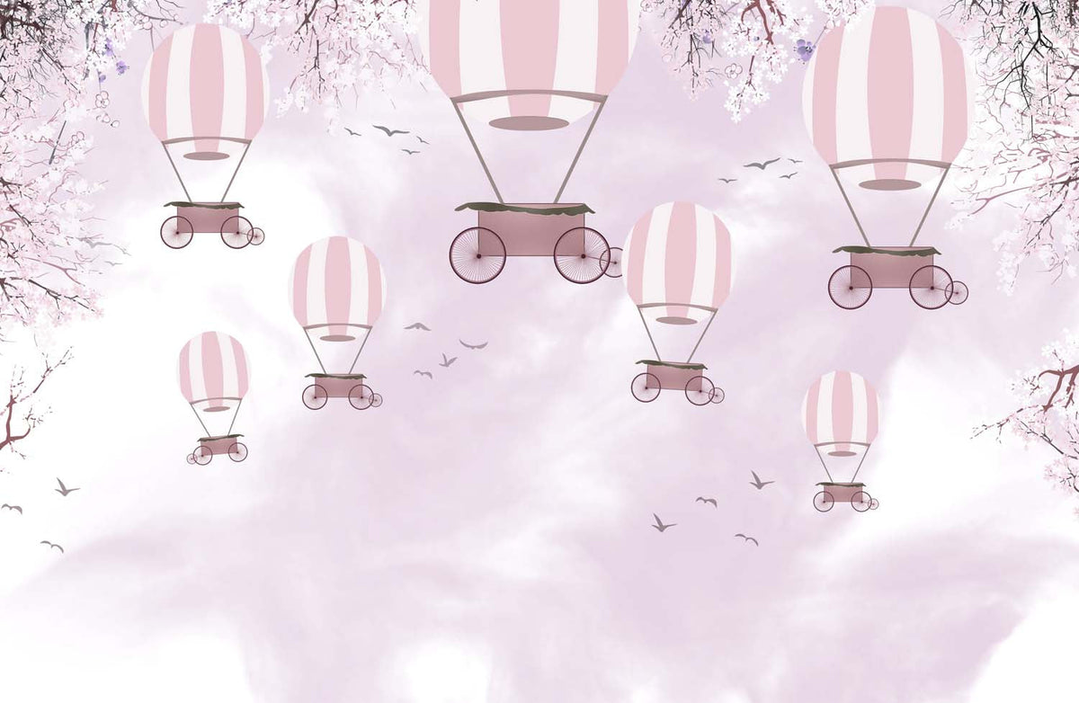 Tapet Personalizat Micii Exploratori cu baloane cu aer cald si pasari pe cerul roz - PINK SPRING BALLOONS