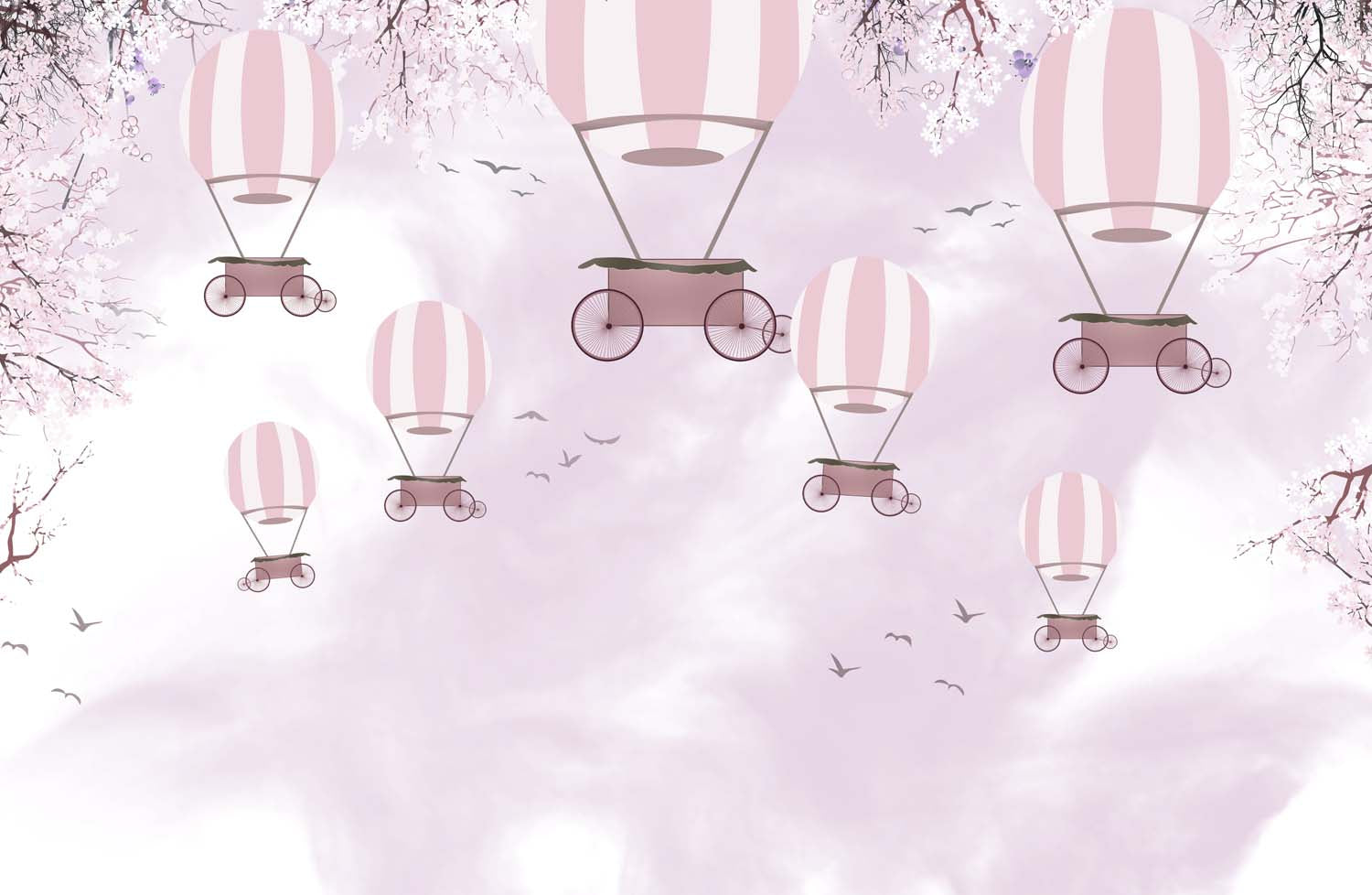 Tapet Personalizat Micii Exploratori cu baloane cu aer cald si pasari pe cerul roz - PINK SPRING BALLOONS