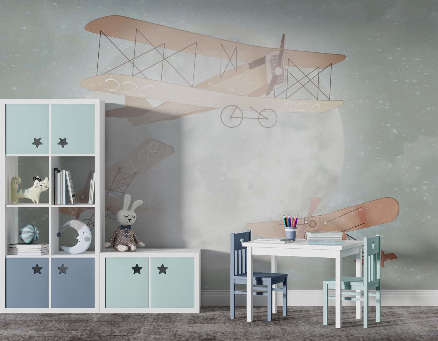 Tapet Personalizat Micii Exploratori cu avioane zburand peste luna in ceata - MOONSHINE BIPLANES