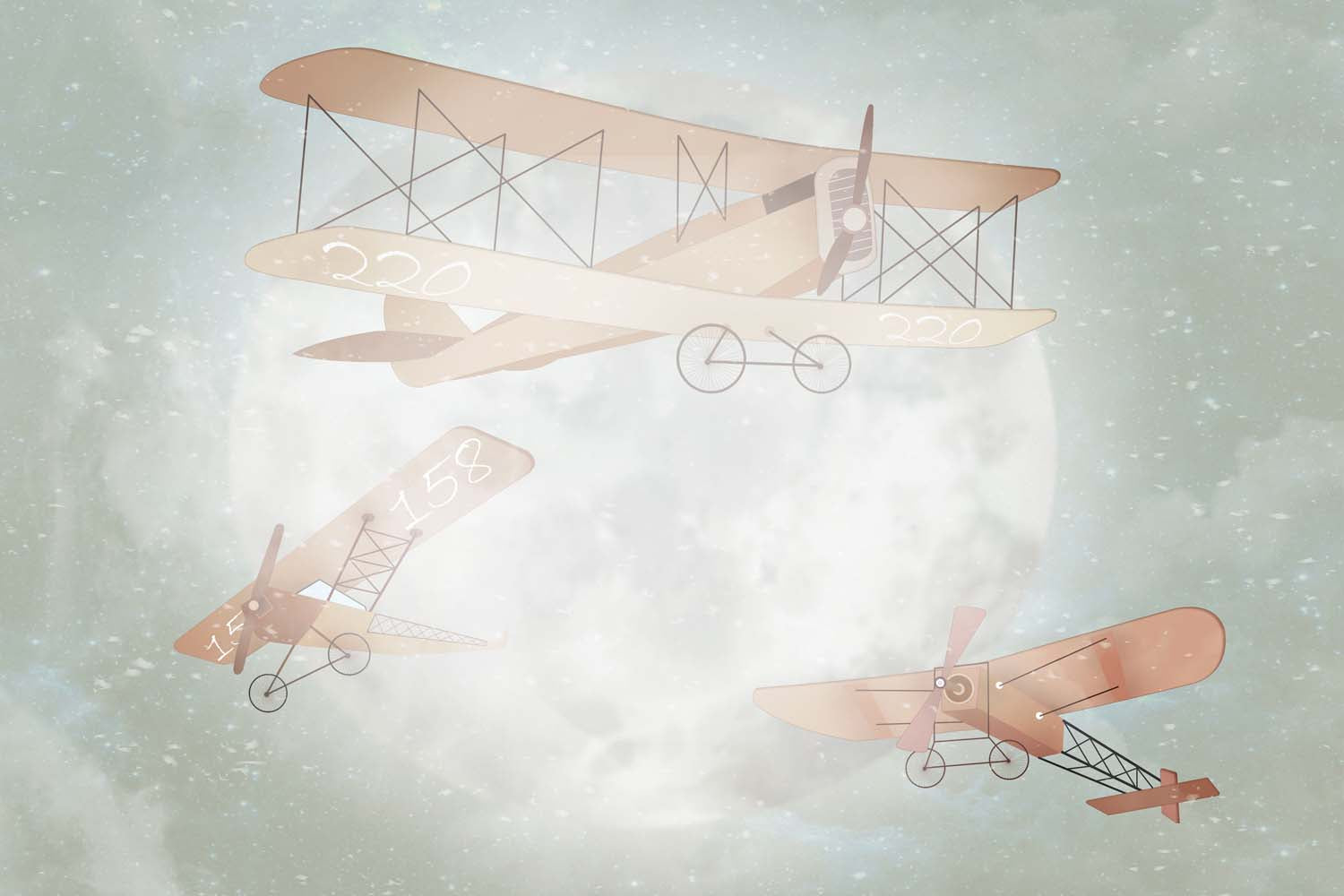 Tapet Personalizat Micii Exploratori cu avioane zburand peste luna in ceata - MOONSHINE BIPLANES