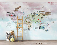 Tapet Personalizat Micii Exploratori cu harta lumii detaliata cu steaguri pe fundal gradient roz-albastru - DETAILED COUNTRIES MAP