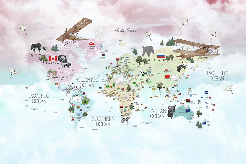 Tapet Personalizat Micii Exploratori cu harta lumii detaliata cu steaguri pe fundal gradient roz-albastru - DETAILED COUNTRIES MAP