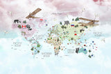 Tapet Personalizat Micii Exploratori cu harta lumii detaliata cu steaguri pe fundal gradient roz-albastru - DETAILED COUNTRIES MAP