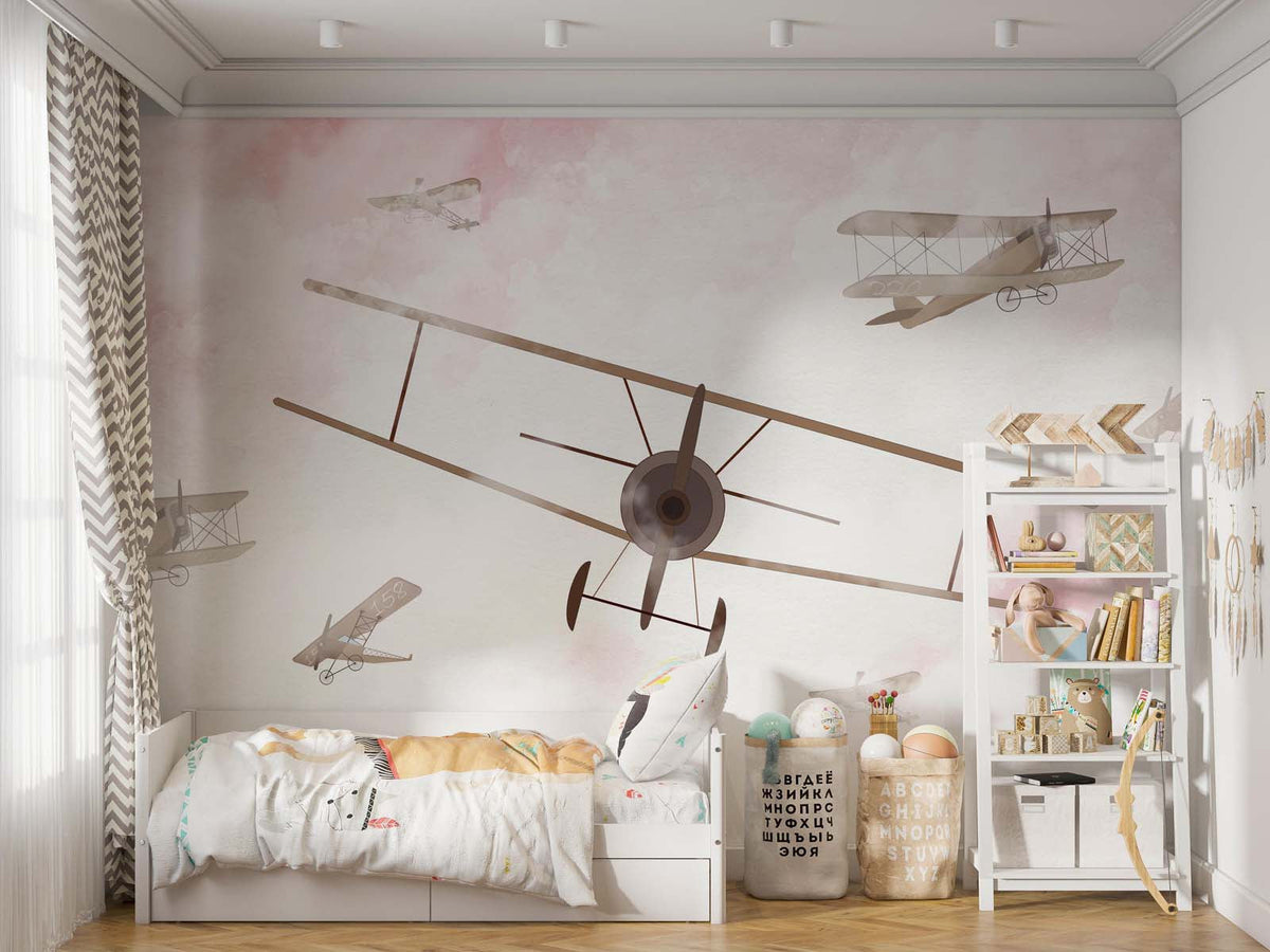 Tapet Personalizat Micii Exploratori cu avioane pe cerul innorat in nuante de roz - PINK SKY BIPLANE