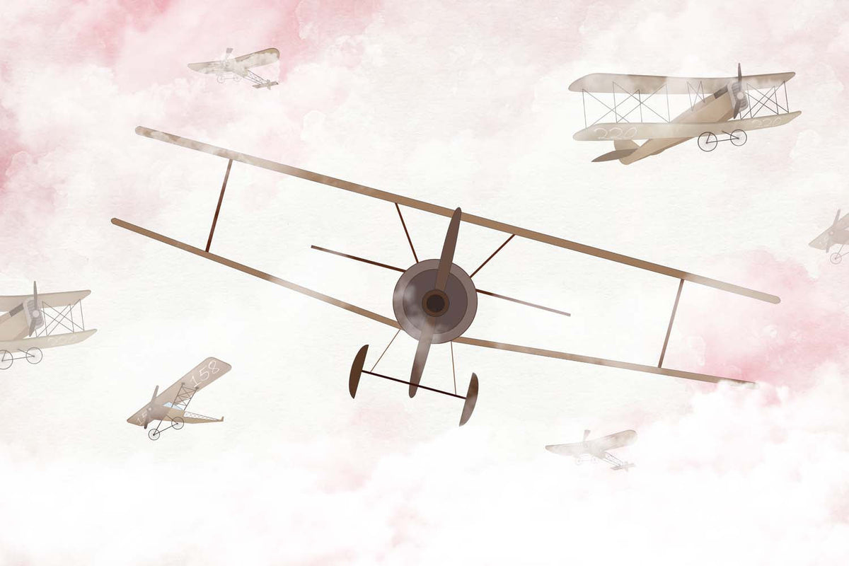 Tapet Personalizat Micii Exploratori cu avioane pe cerul innorat in nuante de roz - PINK SKY BIPLANE