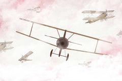 Tapet Personalizat Micii Exploratori cu avioane pe cerul innorat in nuante de roz - PINK SKY BIPLANE
