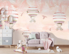 Tapet Personalizat Micii Exploratori cu baloane cu aer cald si frunze de palmieri in nuante trandafirii - PEACHY PALMS BALLOONS