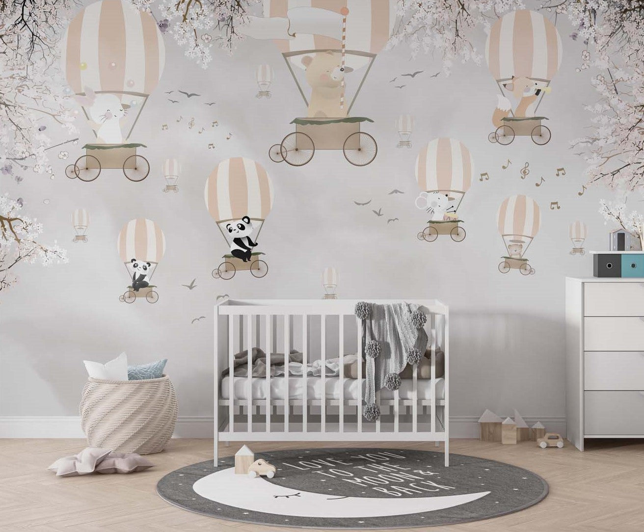 Tapet Personalizat Micii Exploratori cu baloane cu aer cald si animale printre copacii infloriti - WHITE CHERRY BLOOM BALLOONS