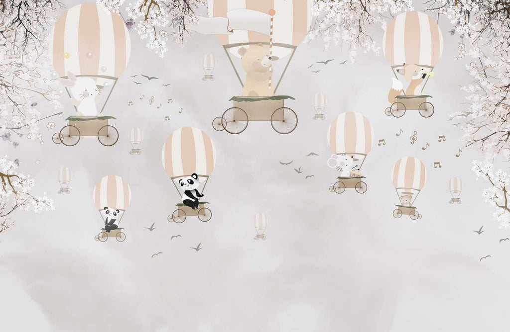Tapet Personalizat Micii Exploratori cu baloane cu aer cald si animale printre copacii infloriti - WHITE CHERRY BLOOM BALLOONS