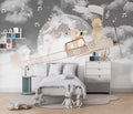 Tapet Personalizat Micii Exploratori cu avion cu animalute zburand peste luna - FLAGGING THE MOON