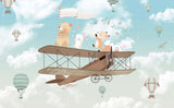 Tapet Personalizat Micii Exploratori cu animalute mergand pe avion pe cerul albastru cu nori - SINGING ON THE BIPLANE