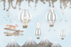 Tapet Personalizat Micii Exploratori cu animale in echilibru in baloane cu aer cald si avion desupra muntilor - OVER THE MOUNTAIN TRICKS