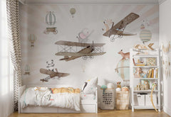 Tapet Personalizat Micii Exploratori cu animalute pe avioane si baloane cu aer cald - SURPRISE ANIMALS