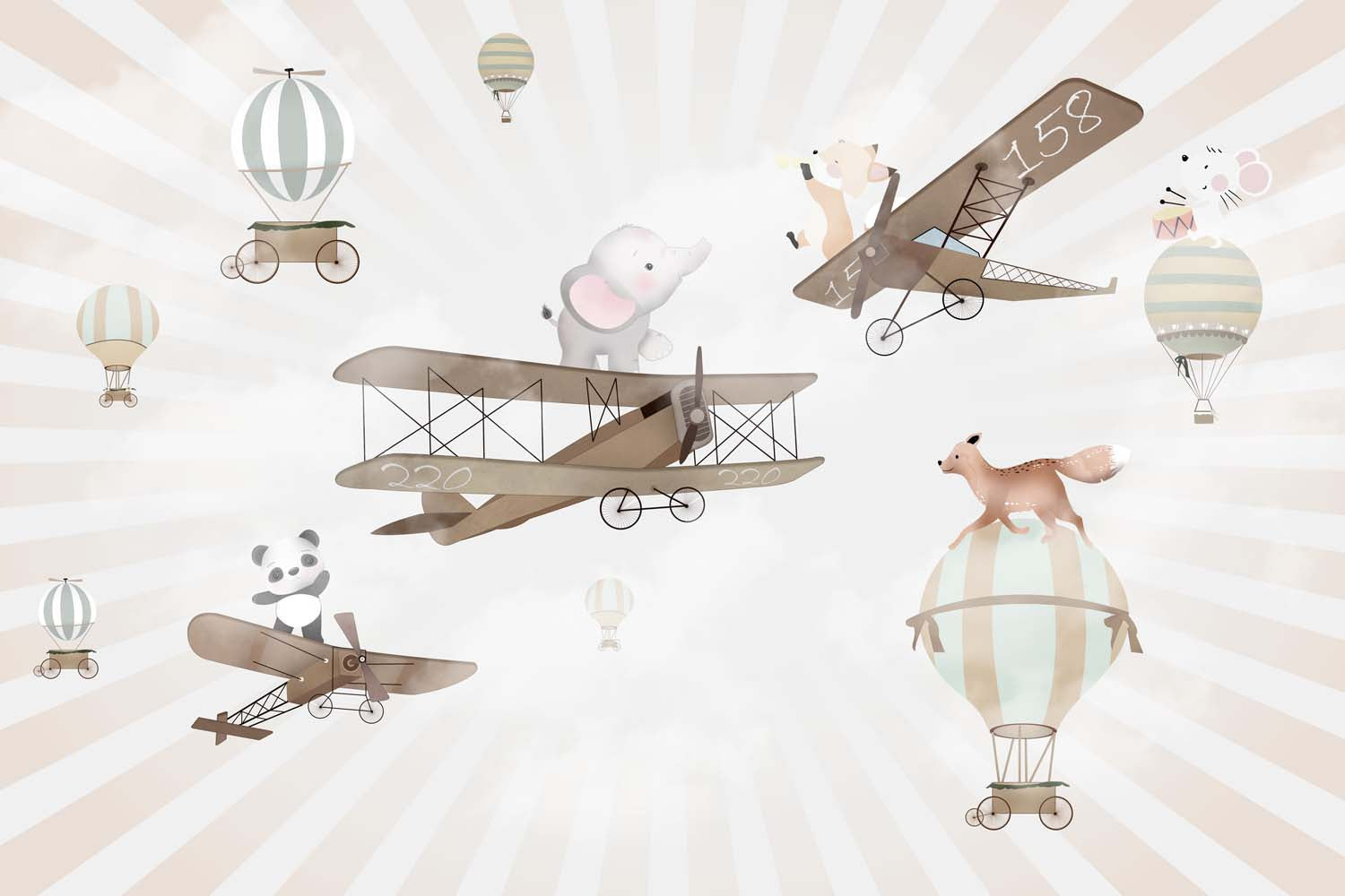 Tapet Personalizat Micii Exploratori cu animalute pe avioane si baloane cu aer cald - SURPRISE ANIMALS