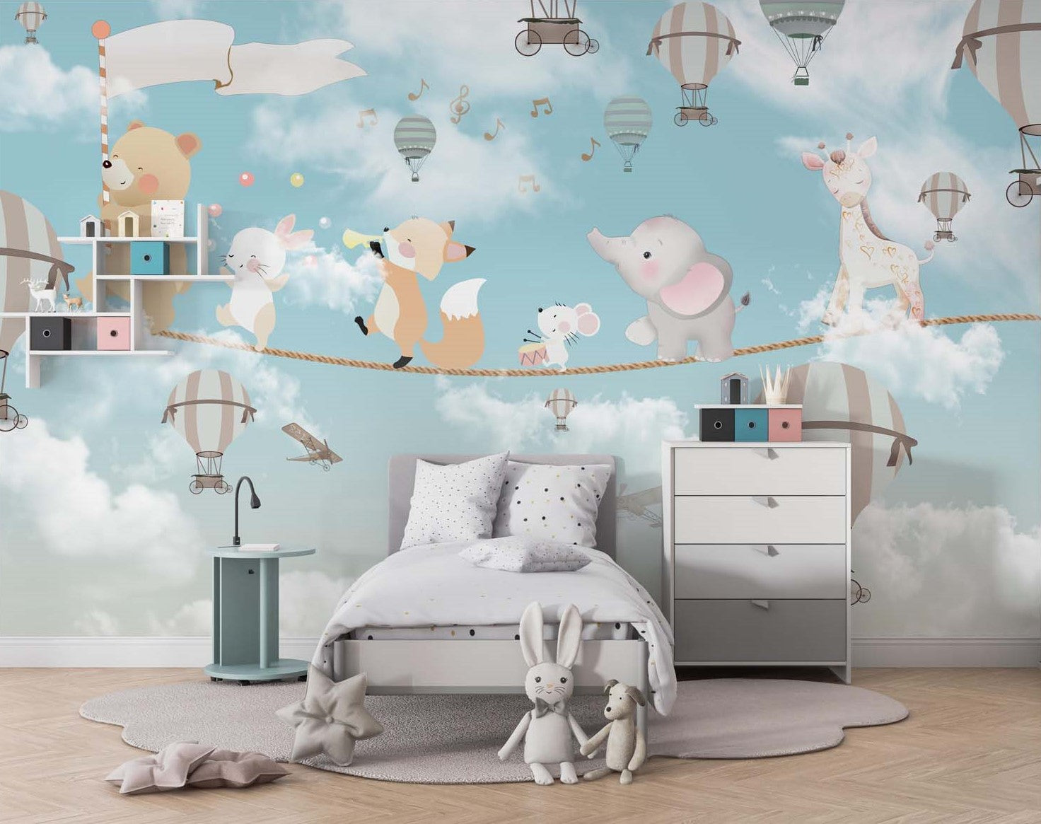 Tapet Personalizat Micii Exploratori cu animalute cantand pe franghie printre baloane cu aer cald - CIRCUS BAND IN THE SKY