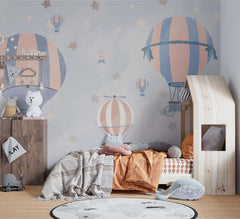 Tapet Personalizat Micii Exploratori cu baloane cu aer cald si cer instelat nuante de portocaliu si albastru - STARRY SKY PEACH BALLOONS