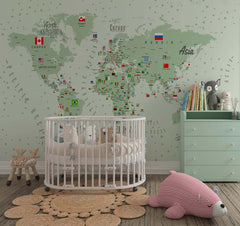 Tapet Personalizat Micii Exploratori cu harta lumii detaliata cu steaguri in nuante de verde - GREEN DETAILED MAP