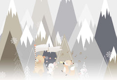 Tapet Personalizat Micii Exploratori cu trupa muzicala de animalute la poalele muntilor abstracti - SHARP MOUNTAINS BAND