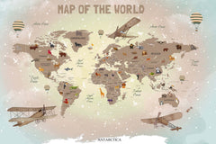 Tapet Personalizat Micii Exploratori cu harta lumii cu animale in nuante gradient de maro si zapada - SNOWY HIGHLIGHT MAP