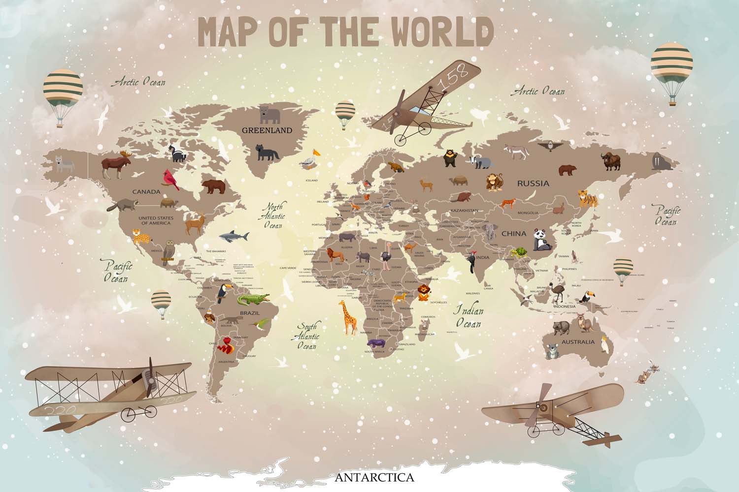 Tapet Personalizat Micii Exploratori cu harta lumii cu animale in nuante gradient de maro si zapada - SNOWY HIGHLIGHT MAP