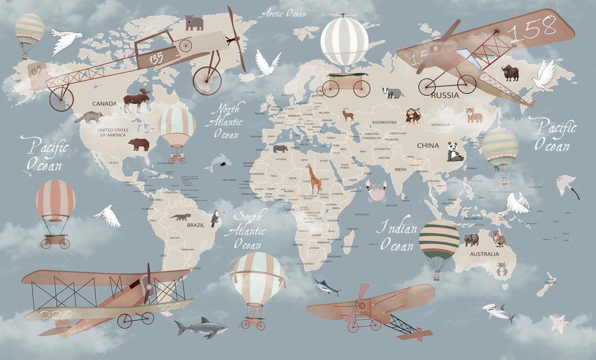 Tapet Personalizat Micii Exploratori cu harta lumii cu animale si avioane pe un fundal albastru inchis - DARK BLUE PLANES MAP