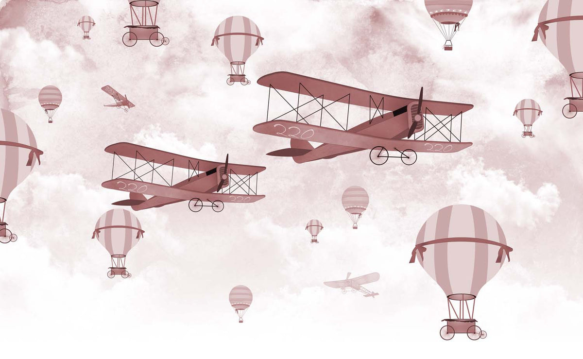 Tapet Personalizat Micii Exploratori cu avioane si baloane cu aer cald in nuante de rosu-roz - CRIMSON PINK PLANES