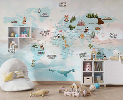 Tapet Personalizat Micii Exploratori cu harta lumii in nuante tropicale de albastru - SUMMER MAP