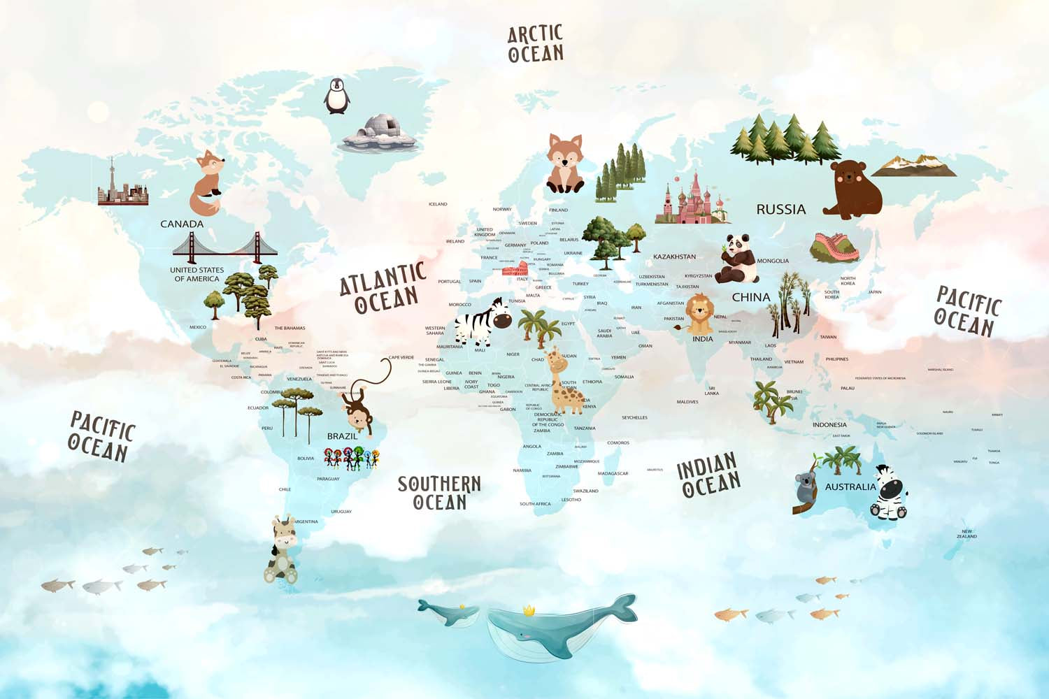 Tapet Personalizat Micii Exploratori cu harta lumii in nuante tropicale de albastru - SUMMER MAP