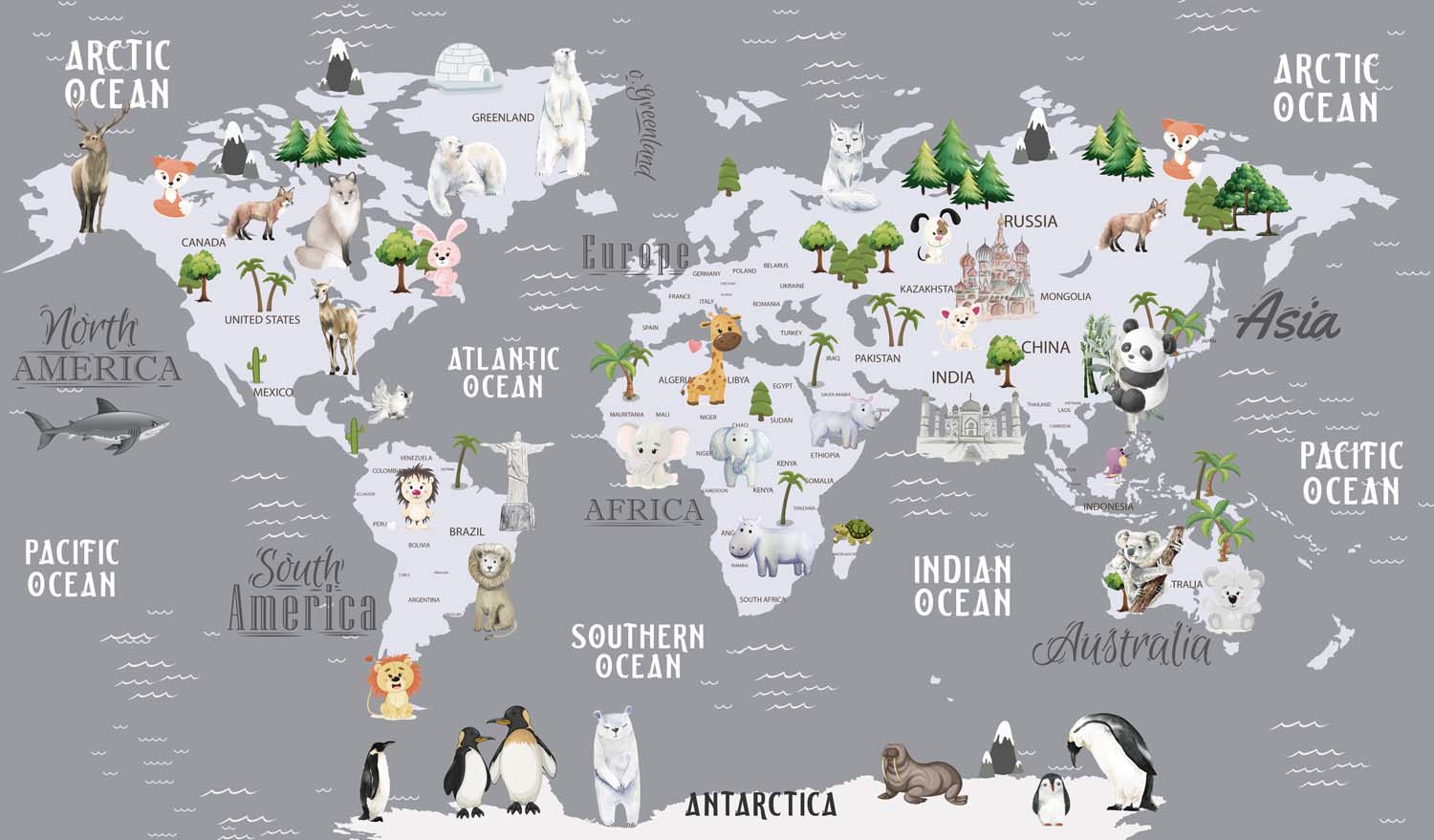 Tapet Personalizat Micii Exploratori cu harta lumii cu animale si vegetatie in nuante de gri inchis - GREY ANIMALS TEMPLE MAP
