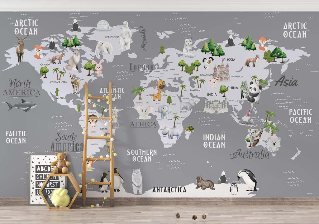 Tapet Personalizat Micii Exploratori cu harta lumii cu animale si vegetatie in nuante de gri inchis - GREY ANIMALS TEMPLE MAP