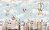 Tapet Personalizat Micii Exploratori cu animale zburand peste cladiri colorate - FLYING OVER BUILDINGS