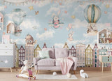 Tapet Personalizat Micii Exploratori cu animale zburand peste cladiri colorate - FLYING OVER BUILDINGS