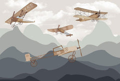 Tapet Personalizat Micii Exploratori cu avioane zburand peste munti - MOUNTAIN WAR PLANES