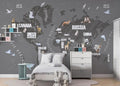 Tapet Personalizat Micii Exploratori cu harta continentelor desenate in nuante de gri inchis - BLACK GRAPHIT MAP