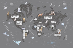Tapet Personalizat Micii Exploratori cu harta continentelor desenate in nuante de gri inchis - BLACK GRAPHIT MAP