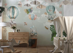 Tapet Personalizat Micii Exploratori cu animale in baloane cu aer cald si pene pe un fundal verde - FEATHER BALLOONS
