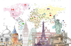 Tapet Personalizat Micii Exploratori cu harta detaliata a lumii cu steaguri si momumentele celor 7 minuni ale lumii - MONUMENTS MAP
