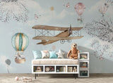 Tapet Personalizat Micii Exploratori cu peisaj de primavara cu avioane si baloane cu animale - HAPPY SPRING
