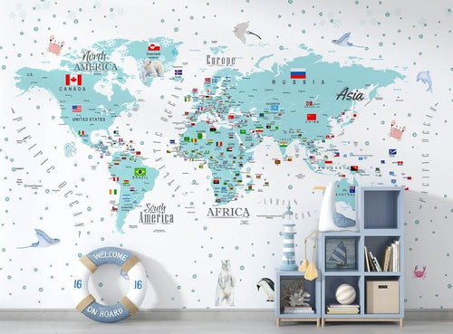 Tapet Personalizat Micii Exploratori cu harta detaliata a lumii in nuante albastre - BLUE BUBBLE DETAILED MAP