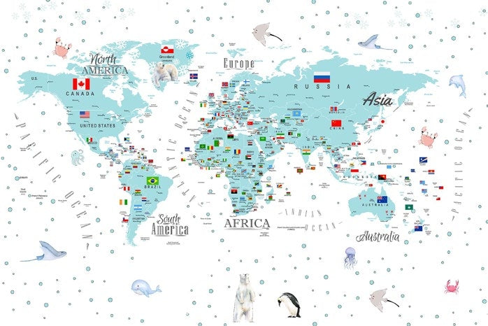 Tapet Personalizat Micii Exploratori cu harta detaliata a lumii in nuante albastre - BLUE BUBBLE DETAILED MAP