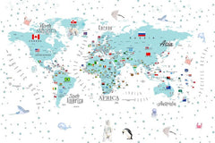 Tapet Personalizat Micii Exploratori cu harta detaliata a lumii in nuante albastre - BLUE BUBBLE DETAILED MAP