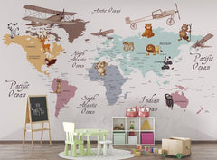 Tapet Personalizat Micii Exploratori cu animalute pe continente multicolore si fundal deschis - CARTOON ANIMAL'S MAP