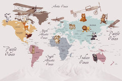 Tapet Personalizat Micii Exploratori cu animalute pe continente multicolore si fundal deschis - CARTOON ANIMAL'S MAP