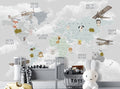 Tapet Personalizat Micii Exploratori cu harta lumii cu animale si avioane pe un fundal gri - GREY CLOUDY MAP