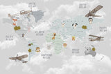 Tapet Personalizat Micii Exploratori cu harta lumii cu animale si avioane pe un fundal gri - GREY CLOUDY MAP