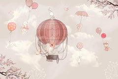 Tapet Personalizat Micii Exploratori cu elefant in balon cu aer cald roz si cer gri - PINK FLOWER ELEPHANT