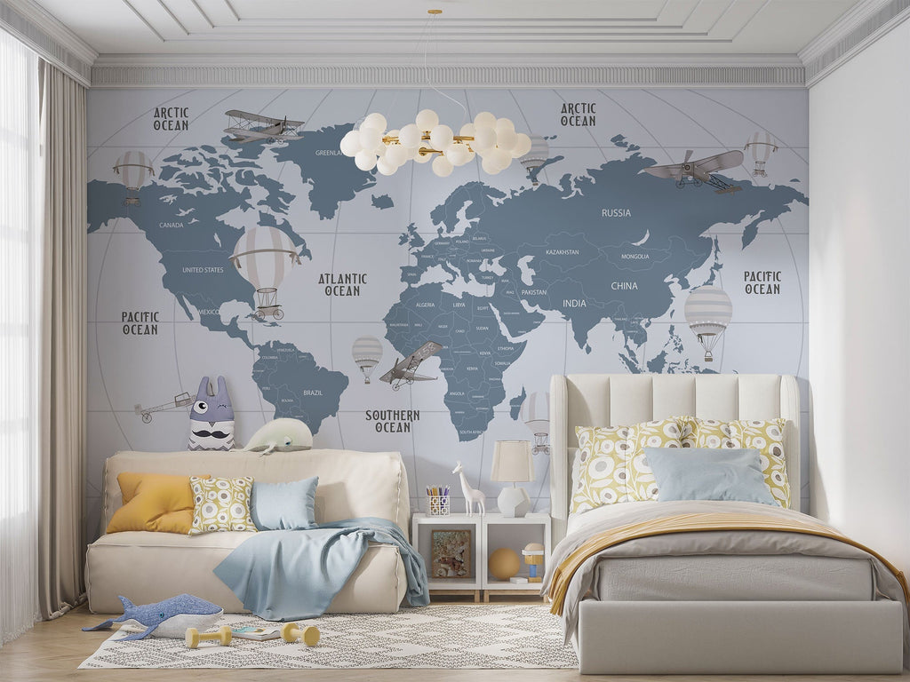 Tapet Personalizat Micii Exploratori cu harta lumii in nuante de albastru si gri - LIGHT BLUE MAP II
